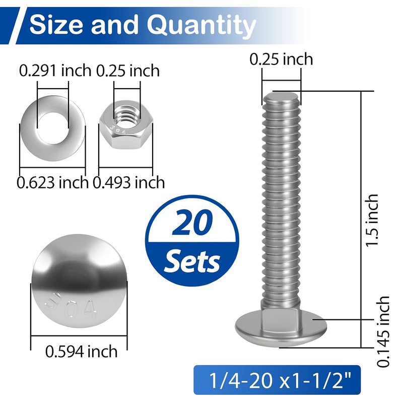 MroMax 1/4-20 x 1-1/2" Carriage Bolt Kit, 20 Sets Carriage Screws with Hex Nuts and Flat Washers, Stainless Steel 18-8(304) Round Head Square Neck Screw, Fully Threaded, Coarse - Image 3